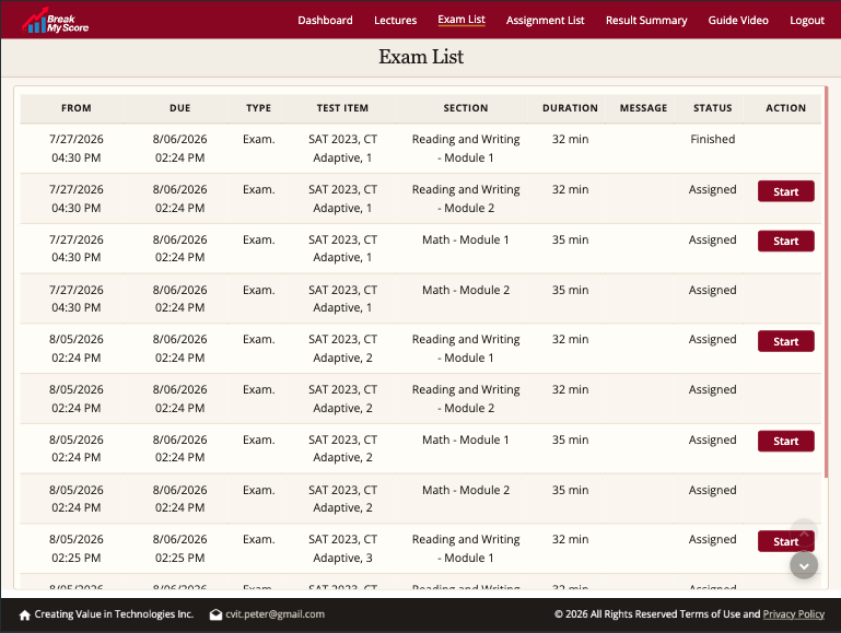 BreakMyScore Adaptive SAT Exam list with assigned Reading and Writing and Math modules