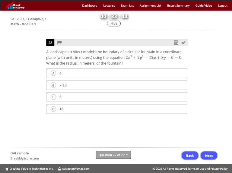 Adaptive SAT Math circle equation question