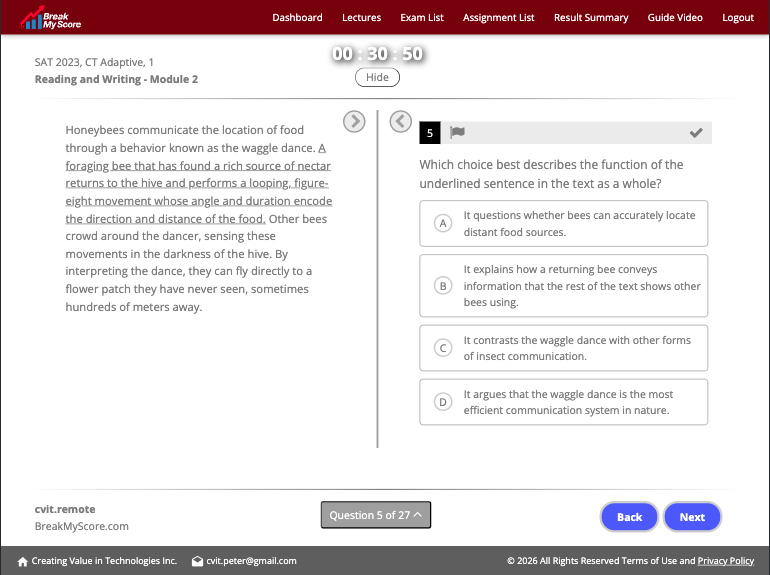 Adaptive SAT Reading and Writing text structure question
