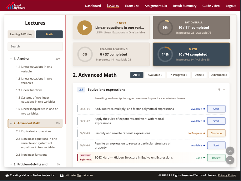 BreakMyScore Lecture Library showing Math lecture progress, Advanced Math skills, and available lectures