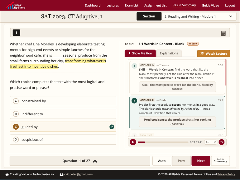 Reading and Writing Easy practice question with a step-by-step Show Me How explanation