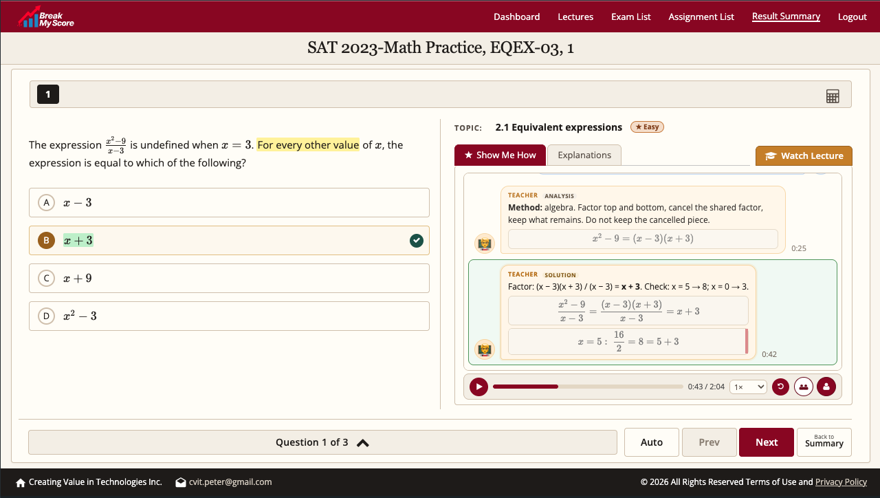 Show Me How explaining an equivalent-expressions question, with highlights and narrated algebra steps
